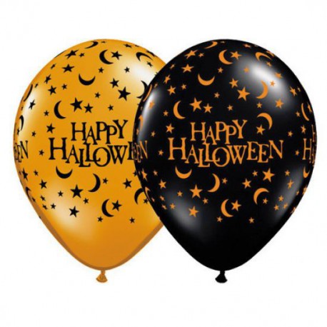 Happy Halloween Latex balloon with moon and stars- BLACK