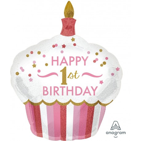 "Happy 1st Birthday" Cupcake Foil Balloon- Pink