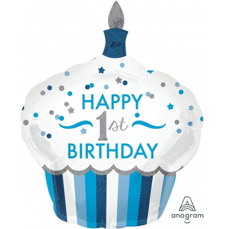 "Happy 1st Birthday" Cupcake Foil Balloon- Blue