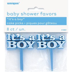 Baby Shower Favours- It's A Boy Cake Picks 8 Pack- BLue