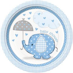 Umbrellaphant Baby Shower Large Paper Plates 8 Pack -Blue