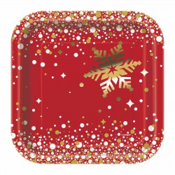 Square Red and Gold Sparkle Christmas small Plates -8 pack