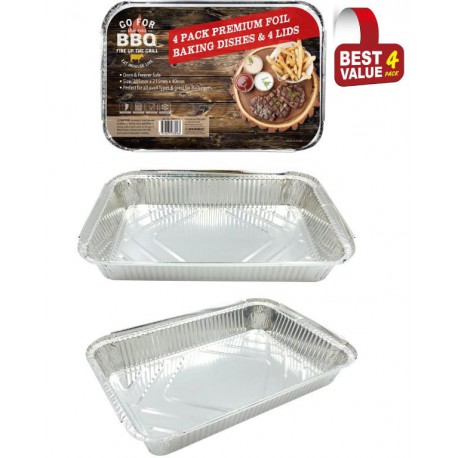 4 Pack of Rectangle Foil Trays with lids-  31.5cm x,  21.5cm x 5.8cm