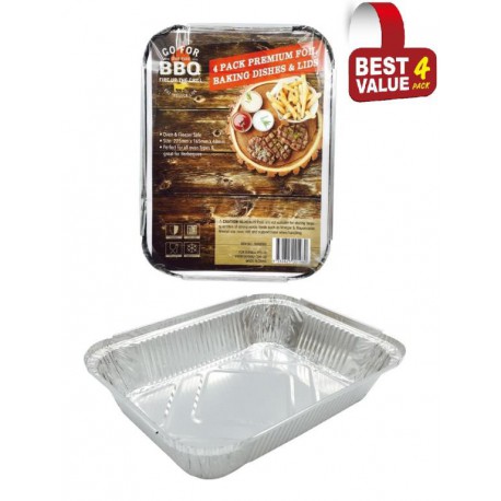 4 Pack of Rectangle Foil Trays with lids-  225mm x 160mm x 53mm