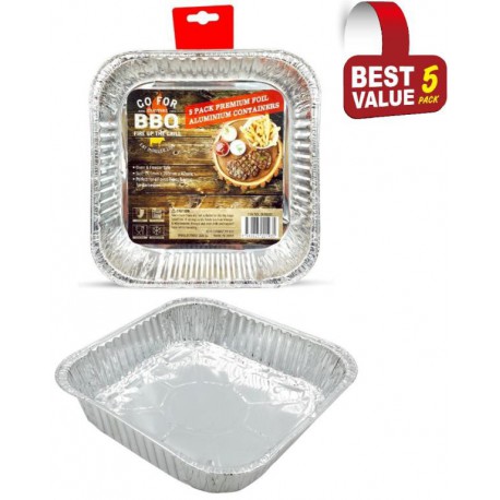 5 Pack of Square Foil Trays - 205mm x 205mm x 42mm